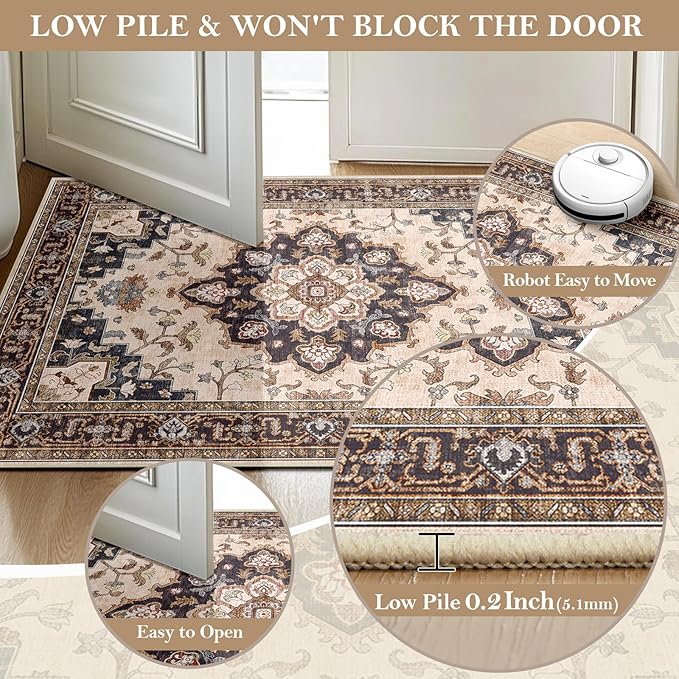 Machine Washable Rugs Nursery Rug 5x7 Cute Girl Non Slip Low Pile Water Repellent Soft Print Pattern for Bedroom Indoor Decor Kids Playroom Coffeebeige