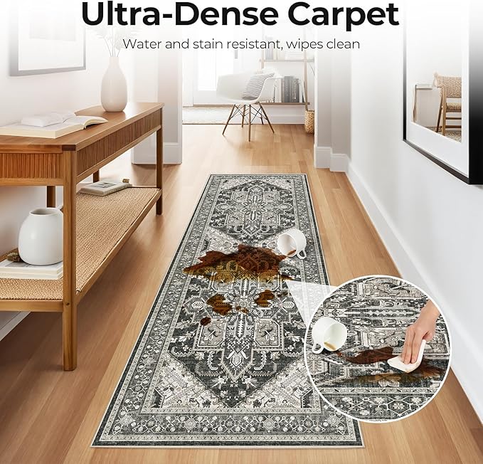 WITSHOCK Boho Area Rugs Machine Washable for Living Room Bedroom, 2x6 Vintage Non-Slip Stain Resistant Floor Carpet Indoor for Bedroom Kitchen Entryway Bathroom, Bitter Black