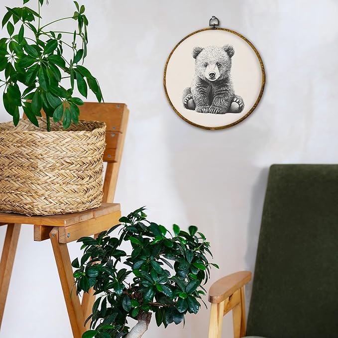 Hiuwevt Vintage Bear Round Wall Art Decor, Cottagecore Neutral Bear Framed Canvas Prints, Retro Forest Wild Animal Round Wall Hanging Decor for Home Nursery Kids Bedroom Decorations, 10x10 Inches