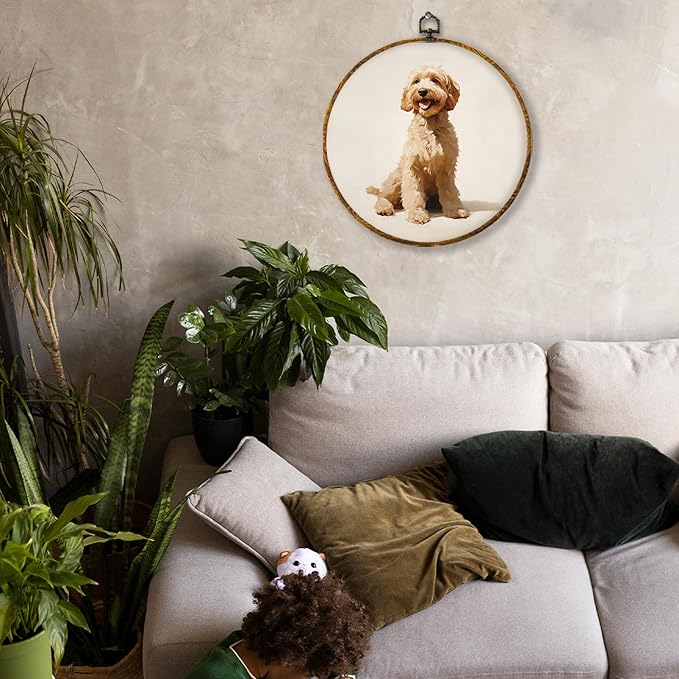 Hiuwevt Vintage Goldendoodle Dog Round Wall Art Decor, Golden Doodle Gifts Framed Canvas Prints, Rustic Neutral Dog Round Wall Hanging Decor for Home Bedroom Living Room Decorations, 10x10 Inches