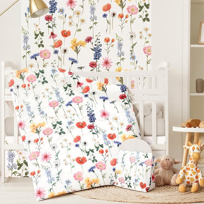 Oudain 4 Piece Spring Wild Flower Crib Bedding Set Including Spring Wild Flower Crib Skirt, Blanket, Sheet and Diaper Stacker, Soft Neutral Nursery Standard Size Baby Bedding for Baby Girls and Boys