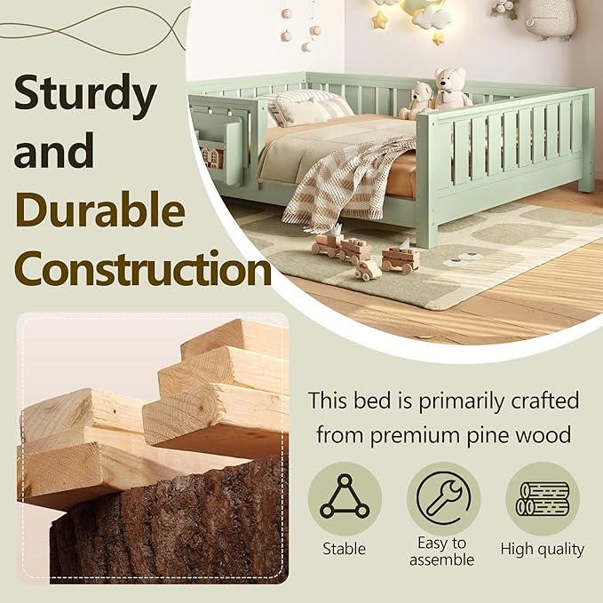 Bellemave Full Size Floor Bed with Slats and Safety Guardrail, Full Size Montessori Floor Bed with Fence and Built-in Bookshelf, Easy Assemble Montessori Beds for Kids, Girls, Boys, Green
