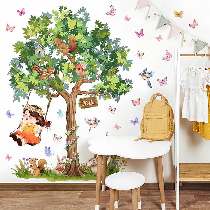 Amaonm Large Whimsical Tree Wall Decal with Woodland Animals, Birds, and Butterflies, Watercolor Green Tree Wall Sticker Decor for Girls Kids Bedroom Living Room Nursery Decoration (A)