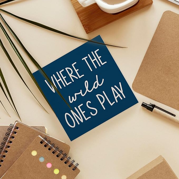 Where The Wild Ones Play Navy Blue Wood Box Sign Desk Decor 5X5, Nursery Kids Room Wooden Block Sign Decorations for Playroom Toddler Boys Girls Room Wall Tabletop Shelf Decor