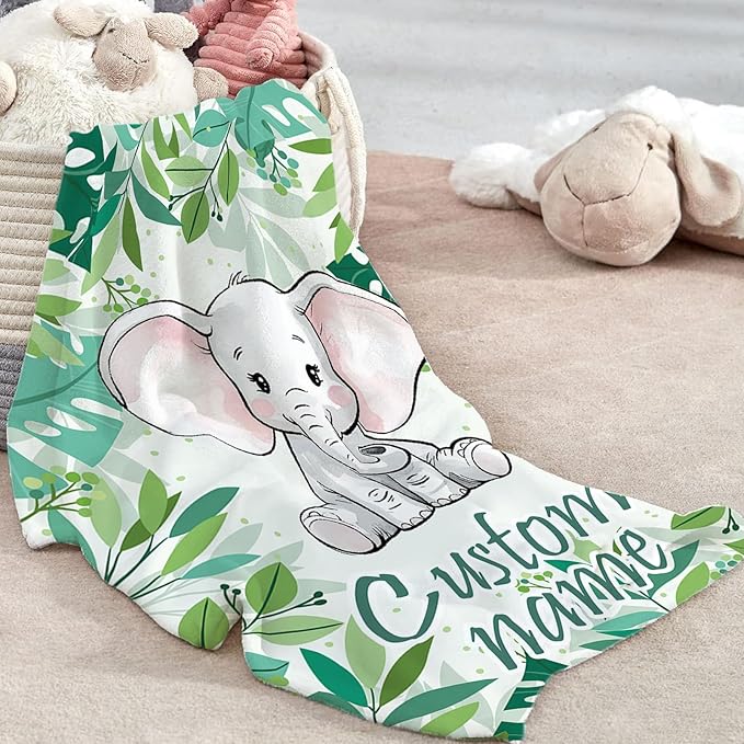 Custom Baby Crib Bedding Set - Green Elephant Design Personalized Name Baby Nursery Bedding 3 Pcs Set - Chic Soft Blanket, Fitted Sheet, Room Rug for Newborns Boys Girls Gifts