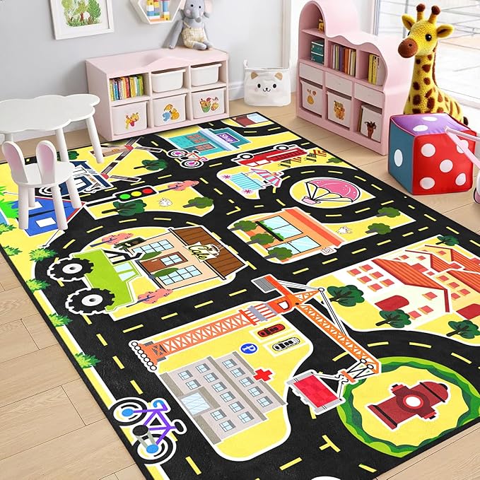 Car Rugs for Kids Toy - Car Track Carpet for Boys Road Rug for Bedroom Road Map Carpet for Kids Toy Play Mat Farm, 3x5 Feet