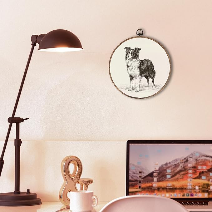 Vintage Border Collie Round Wall Art Framed, Retro Weiner Dog Round Wall Decor, Border Collie Weiner Dog Gifts Hanging Canvas Print Wall Sculpture for Bedroom Living Room Decor, 10x10 Inch