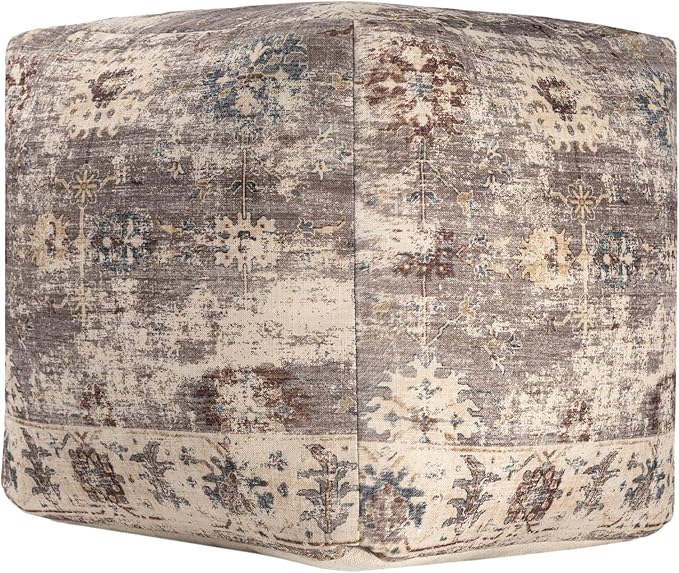 L. R. Resources, Inc. LR Home Vintage Floral Square Indoor Medium Pouf Ottoman, Taupe | Power-Loomed Polyester Foot Rest for Bedroom & Living Room Decor | 18 x 18 x 18 Filled Pouf for Seating