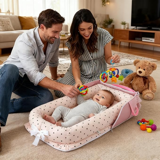 Baby Lounger for Newborn Portable Bag,Baby Nest Play Gym mat with Strap,Newborn Lounger Adjustable Size & Inner Zipper Lengthen Space to 24 Months(Pink Polka Dots)