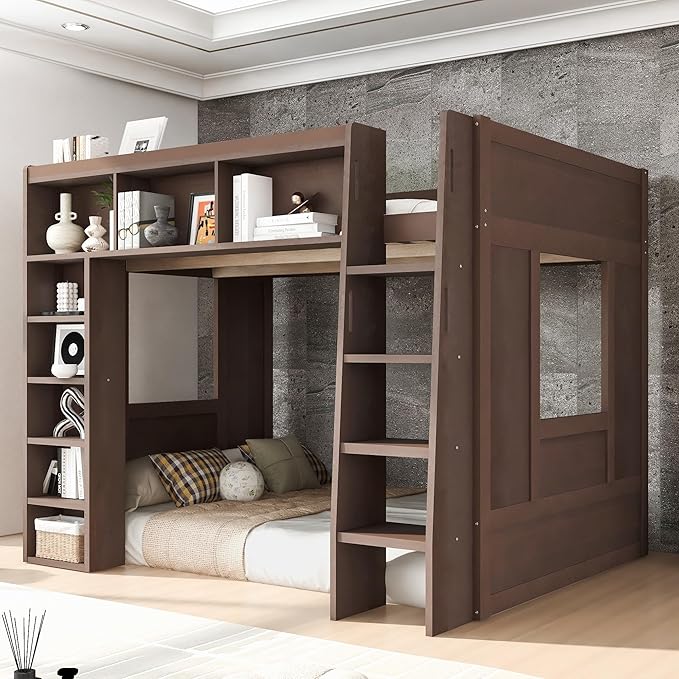 Playhouse Design Queen Size Loft Bed with Built-in Storage Shelves and 2 Windows, Solid Wood Loft Bed Frame with Safety Guardrail for Kids Teens Boys Girls, Space-Saving (Brown-12.9)