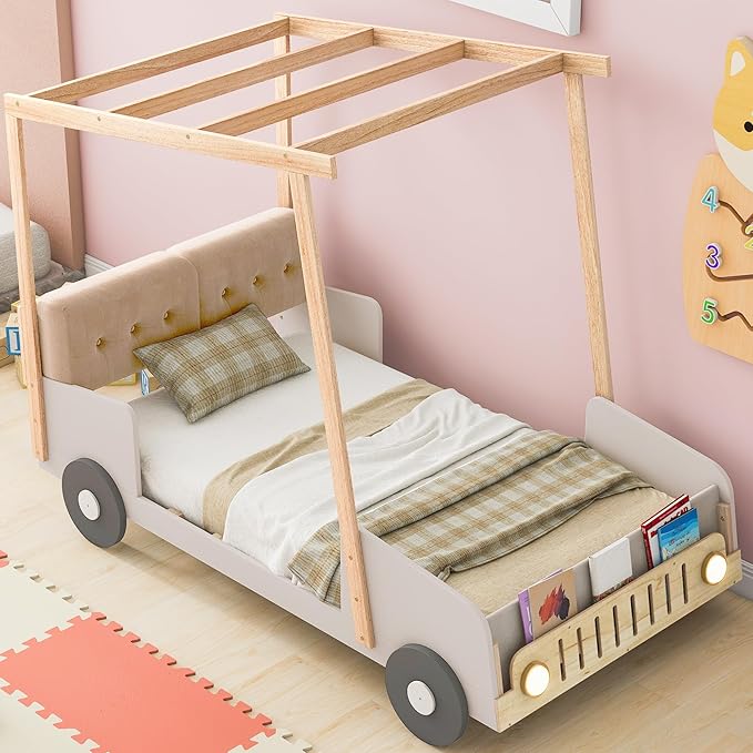 Twin Size Car Bed with Car-Light Shape LED & Pillow,Wooden Kids Bedframe W/Magazine Holder & Ceiling Cloth,Toy Bedroom Furniture for Boys Kids Toddlers Child,Natural
