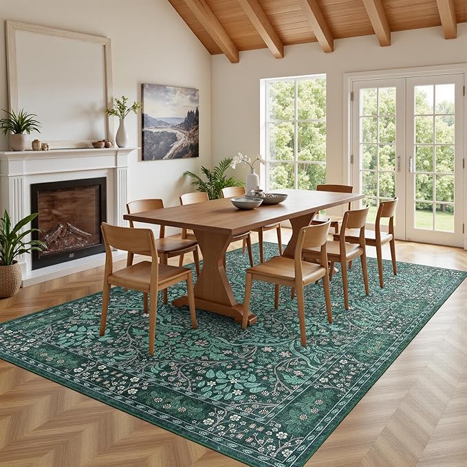 Boho 8x10 Area Rug for Living Room，Floral Washable Rug for Dining Room Entryway Farmhouse Nursery Home Office，Low Pile Stain & Slip Resistant Vintage Large Carpet for Bedroom-Dark Green ﻿