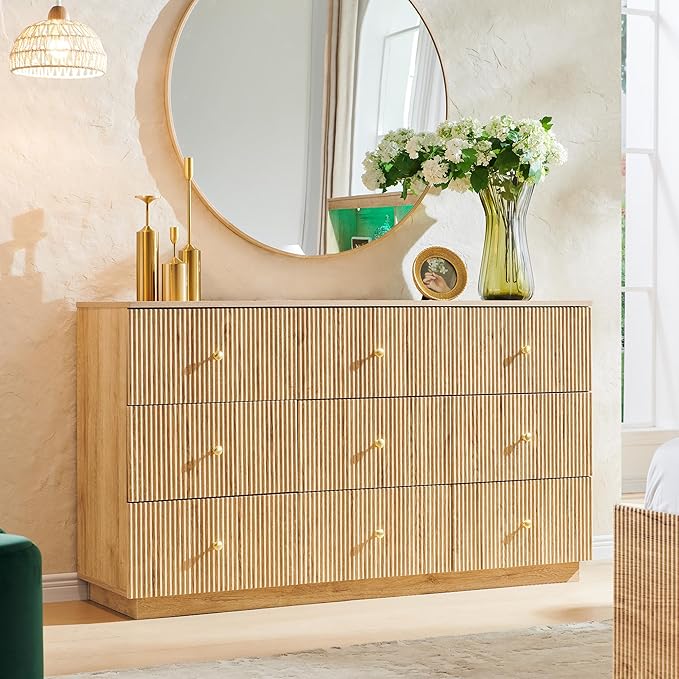 Fluted Dresser for Bedroom, 55" W 9 Drawer Dressers, Wood Tall Dresser Storage Organizer, Modern Bedroom Chest of Drawers with Deep Storage for Closet Hallway, Entryway, Living Room Natural
