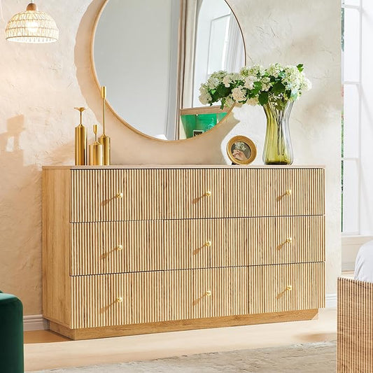 Fluted Dresser for Bedroom, 55" W 9 Drawer Dressers, Wood Tall Dresser Storage Organizer, Modern Bedroom Chest of Drawers with Deep Storage for Closet Hallway, Entryway, Living Room Natural