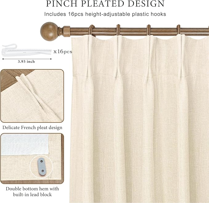 IVAPUPU Cream Beige Pinch Pleated Full Blackout Linen Curtains for Bedroom, Black Out Curtains 108 Inches Long for Living Room Darkening Thermal Insulated Neutral Pleat Drapes with 16 Hooks, 2 Panels