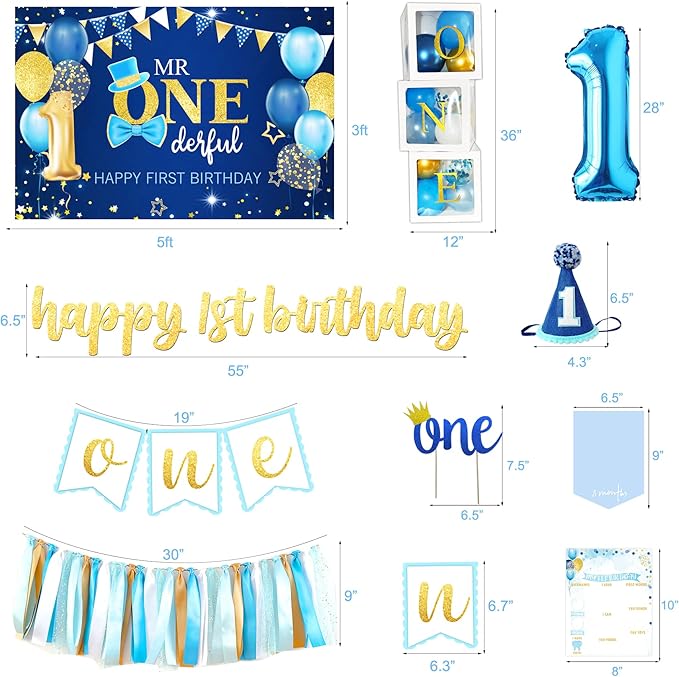 Baby Boy 1st Birthday Decorations, 1st Birthday Boy Decorations, Baby First Bday Party Supplies, Balloon Boxes, Backdrop, High Chair Banner, Crown, Photo Banner, Balloon Garland for One Year Old