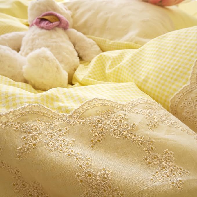 LifeTB Yellow Gingham Duvet Cover King 3 Pieces Romantic Lace Comforter Cover Soft Microfiber Cream Yellow Grid Duvet Cover Farmhouse Plaid Checkered Comforter Cover Grid Gingham Bedding Set