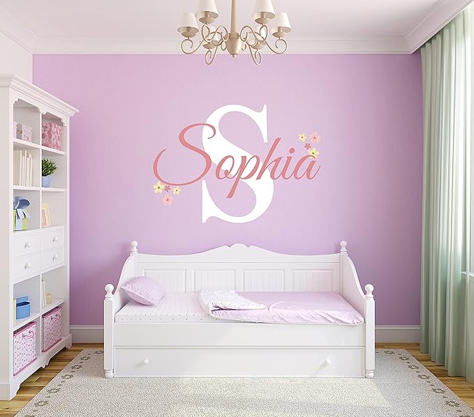 Custom Name and Initial Flower Wall Decals - Personalized Nursery Name Sticker for Girls - Vinyl Wall Art for Baby Room - Flowers Name Stickers Decor - Flower Mural Sticker for Girls Bedroom