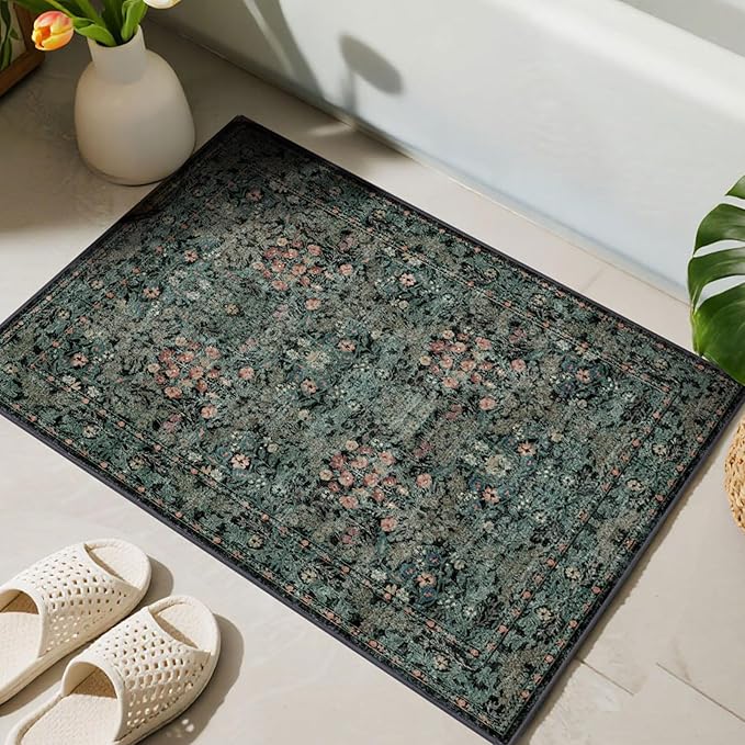 Boho Floral Washable Entry Small Rug, 2x3 Dark Green Distressed Kitchen Throw Rug - Soft Cottagecore Botanical Floor Mat for Bathroom, Laundry, Front Door, Indoor Entrance with Low Pile, Non Slip