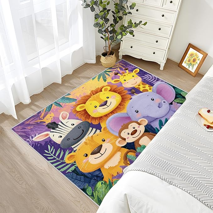 Safari Animal Rug for Nursery - Zoo Animal Area Rug 5x7, Cute Cartoon Jungle Animals Rugs for Living Room Bedroom, Kids Playroom Carpet - Washable Non Slip Pet & Kids Friendly, Safari Gifts
