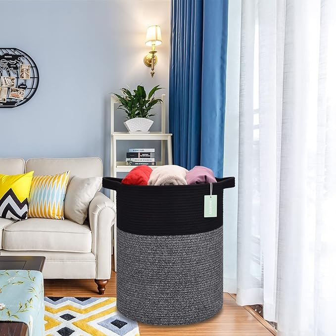 BOSROTY Large Laundry Hamper for Girls Boys Kids 72L, Nursery Hamper, Tall Laundry Basket, Cotton Rope Woven Blanket Basket for Storage Toys Clothes Towels, 16”x 22”, Black & Gray
