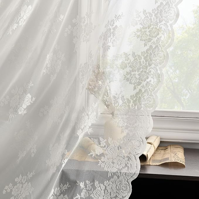 Kotile 80 Inch Long Lace Curtains 2 Panels Set, Country Rustic Leaf Floral Vintage Sheer Lace Curtains for Living Room, Rod Pocket Privacy Light Filtering Lace Window Curtains, 42 x 80 Inch, Ivory