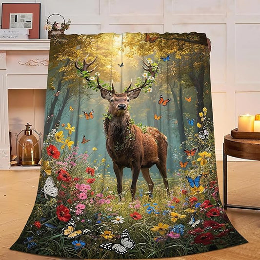 Forest Deer Blanket Hunting Elk Throw Blanket Wildlife Soft Cozy Fleece Fuzzy Stuffed Plush Flannel Gifts for Girls Women Boys Kids Adults 60"X80"