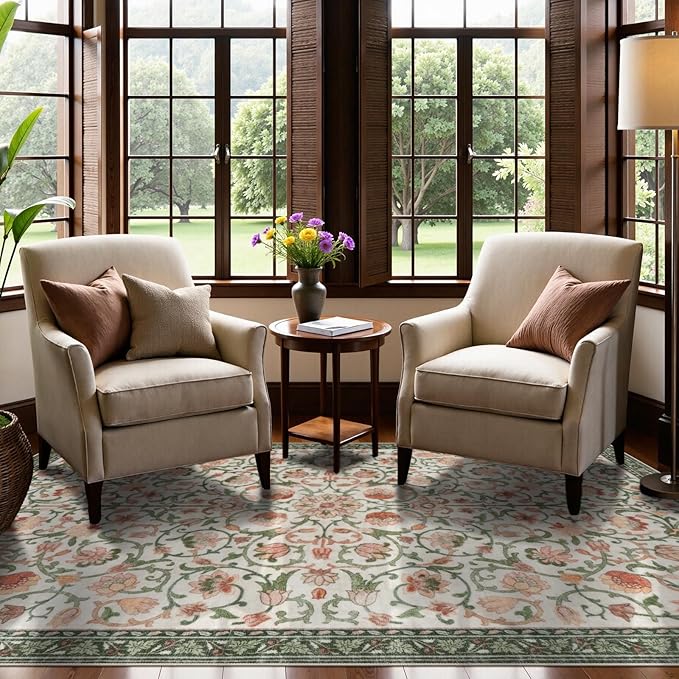 Anidaroel Washable Area Rugs 5x7, Floral Rug for Living Room Boho Area Rug, Non Slip Soft Large Bedroom Rug, Low Pile Stain Resistant Dining Room Rugs Indoor Floor Carpet for Dorm, Beige
