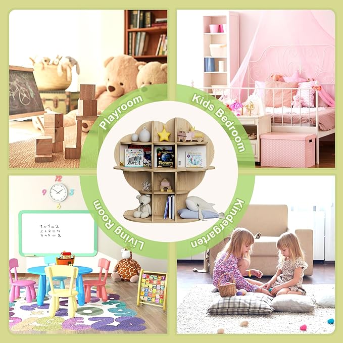 Natural Wood Tree Kids Bookshelf Toddler Bookcase 4-Tier Baby Book Rack Children Toy Storage Organizer Forest Wood Display Shelf Nursery Playroom Bedroom Classroom School Homeschooling Boy Girl’s Gift
