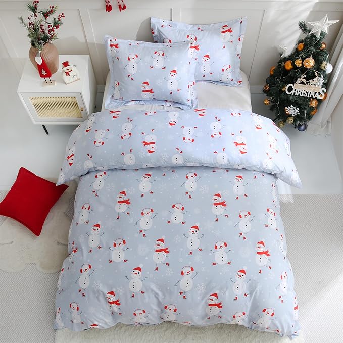 JSD Snowman Kids Duvet Cover Set Twin Size, 2 Piece Blue Printed Christmas Microfiber Comforter Cover with Pillow Sham Zipper Closure, Comforter Not Included