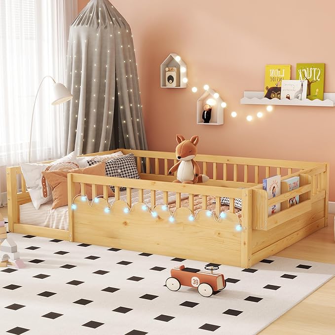 Full Toddler Floor Bed with High Rails, Wooden Montessori Bed Frame with Light and Storage Shelf, Full Size Bed Frame for Kids, Boys and Girls, Natural