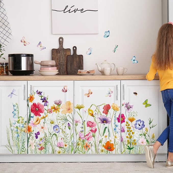 Colorful Flower Wall Sticker Floral Plant Grass Wall Decal Peel and Stick Flowers Butterfly Wall Art Mural Spring Wildflower Wall Sticker Decor for Bedroom Living Room