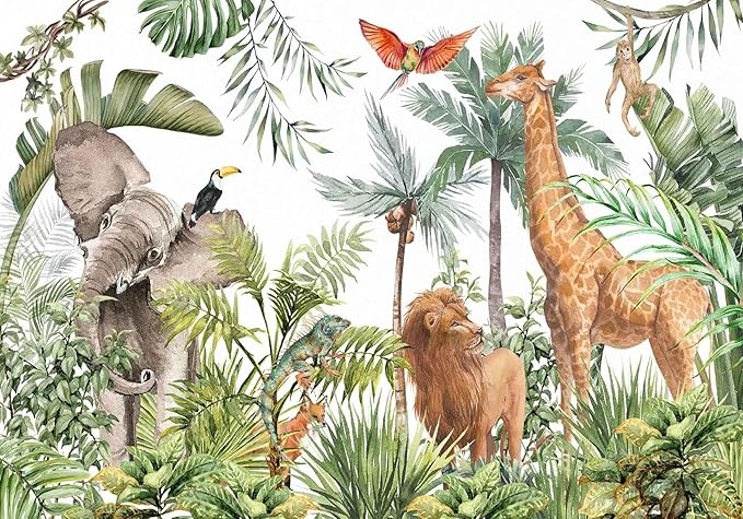 Safari Wallpaper Hand Painted Elephants Giraffes Monkeys Lions Tropical Palm Trees Jungle Forest Wall Mural for Bedroom Living Room Baby Nursery