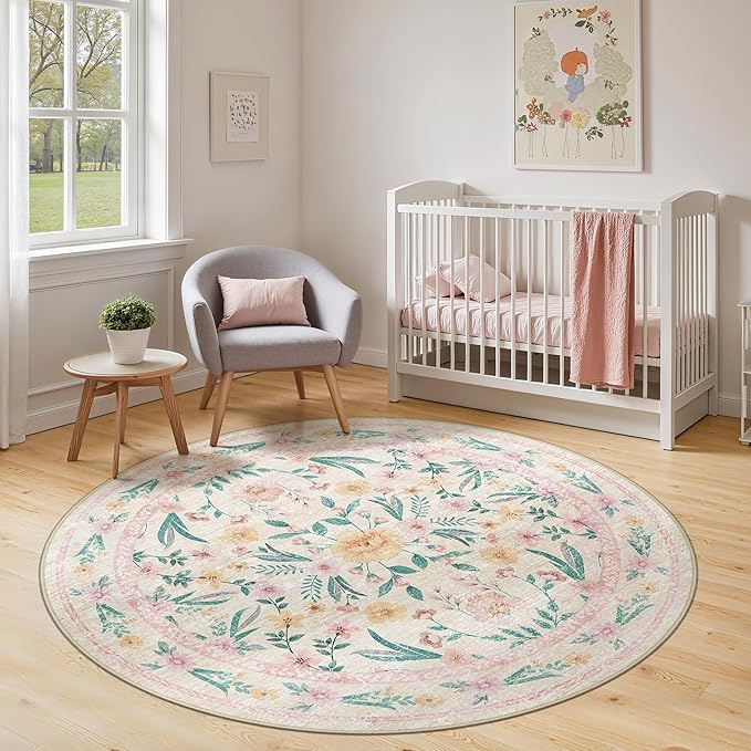 Round Boho Nursery Rug 8ft Pink Floral – Soft Washable Circle Rug for Girls Bedroom, Non-Slip Kids Carpet for Playroom & Baby Crib Area