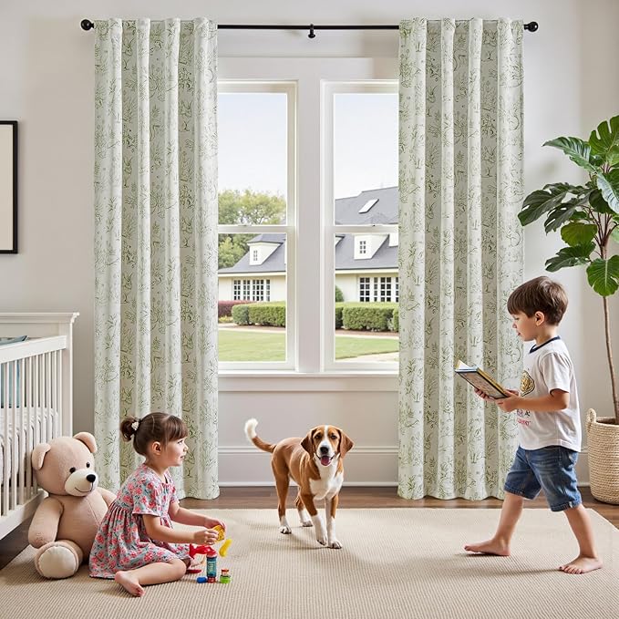 jinchan Blackout Nursery Curtains 84 Inches Long, Bunny Woodland Toile Curtains Sage Green on Beige Animal Printed Drapes for Bedroom Rod Pocket Thermal Insulated Farmhouse Window Treatment 2 Panels