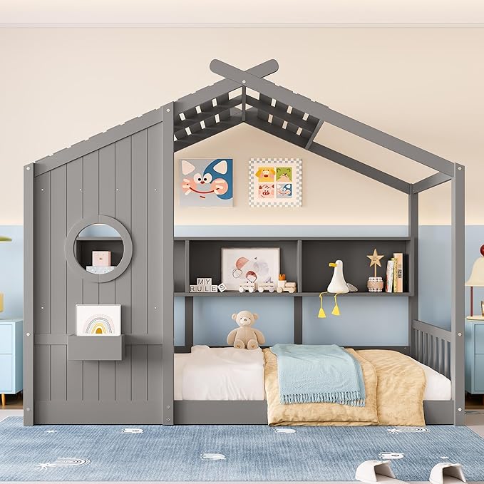 Twin Size Wooden Floor House Bed with Storage Shelf, Modern Design Kids Bed Frame with Roof and Window for Bedroom, Wood Slat Support, No Box Spring Needed, Easy Assembly (Grey)