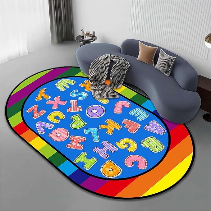 Colorful Cartoon Kid Area Rug, 3x5ft, ABC Alphabet Educational Learning Oval Rug, Rainbow Stripe Border Rug, Non-Slip Indoor Playmat, Children's Gift for Playroom, Bedroom and Nursery