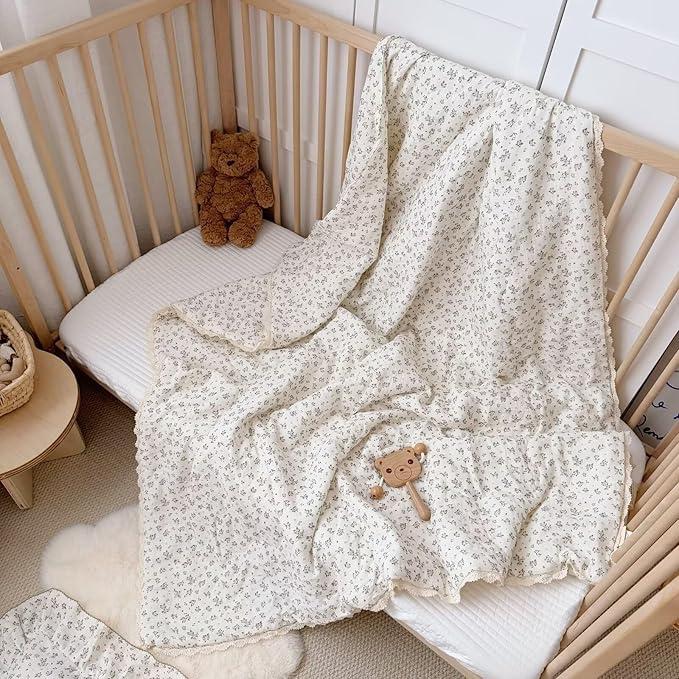 BuLuTu Muslin Cotton Quilt for Toddler Girls Boys, Blue Brown Floral Blanket for Crib/Cot/Toddler Bed Blanket, Soft Lightweight Kids Comforter with Lace Edges, 60x78 Inches, No Pillow Case