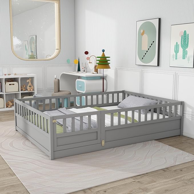 Ball & Cast Full Size Montessori Floor Bed with Baffle Design & Open Door,Toddler Floor Bed Frame W/Fence and High Guardrails,Wooden Playhosue Bed for Girls and Boys,No Box Spring Needed,Grey