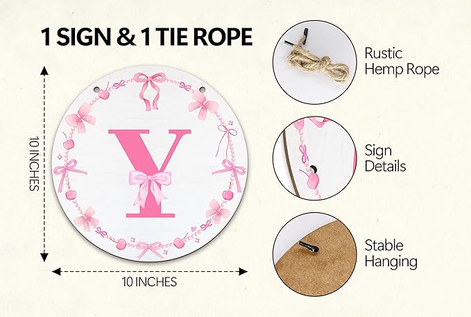 Monogram Round Sign For Front Door, Cherry Bow Theme Sign For Porch Art Wall Door, Initial Signs Hanging Ornament For Indoor Outdoor, Decorations Gifts For Four Seasons Rustic Home Kitchen, Y, A25