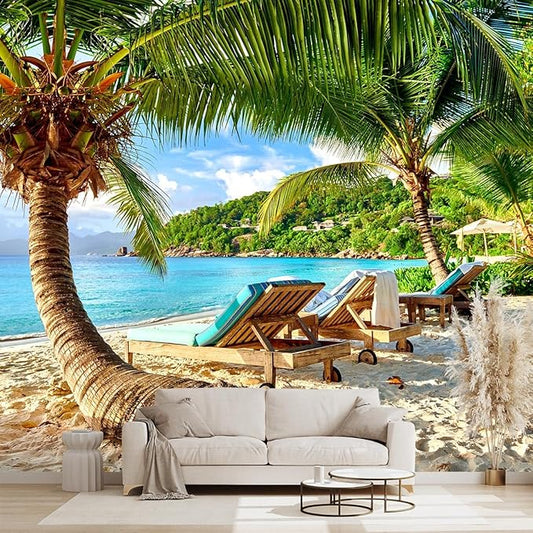 Classy Beach Backdrop Wallpaper for Bedroom Palm Tree Large Wall Mural Living Room Beach Scene Adhesive Fabric Decor - 160"x108"（Not Peel and Stick）