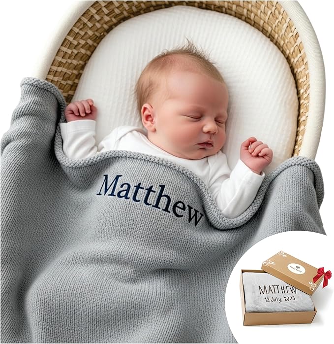 Personalized Baby Blanket - 100% GOTS Certified Organic Cotton - Custom Baby Blanket for Boys and Girls - Embroidered Swaddle, 40x30, Baby Name Blankets (Harbor Mist)