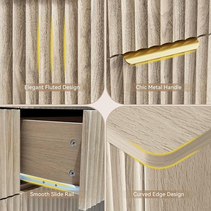 CARPETNAL Fluted 6 Drawer Dresser for Bedroom, 55" Wide Wooden Chest of Drawers with Rounded Corners, Gold Handles, Modern Storage Organizer for Bedroom, Hallway(Beige)