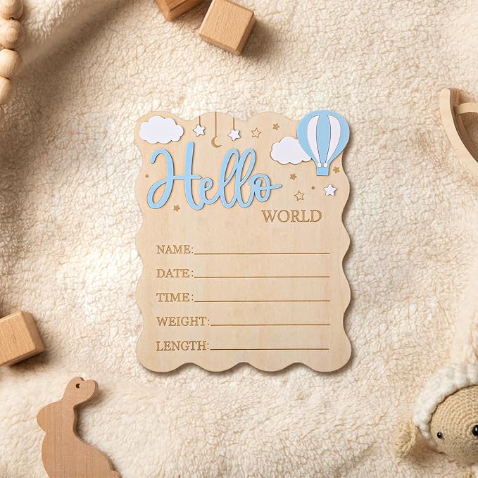 Baby Announcement Sign,Wooden Hello World Newborn Signs Birth Announcement Sign and Pen for Baby Shower Hospital Nursery Newborn Boys and Girls (Blue)