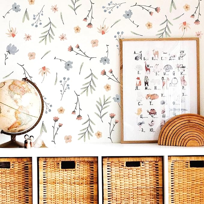 Boho Floral Wall Decals Small Flower Leaf Wall Sticker Botanical Plant Green Leaves Wall Decals Removable Tree Leaf Decal Boho Floral Stickers for Nursery Girls Room Bedroom Decor