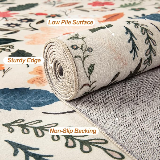 Tangsoo 2x3 Small Area Rug for Entryway, Non Slip Machine Washable Boho Floral Entry Rug, Soft Low Pile Throw Rugs Door Mat Indoor Entrance Floor Carpet for Bedroom Kitchen Bathroom, Kids Room(Beige)