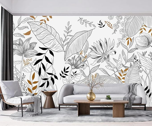 -Hand-Painted Flower Plant Fabric Wallpaper Simple Art Living Room 140" x 91" (Not Peel and Stick)
