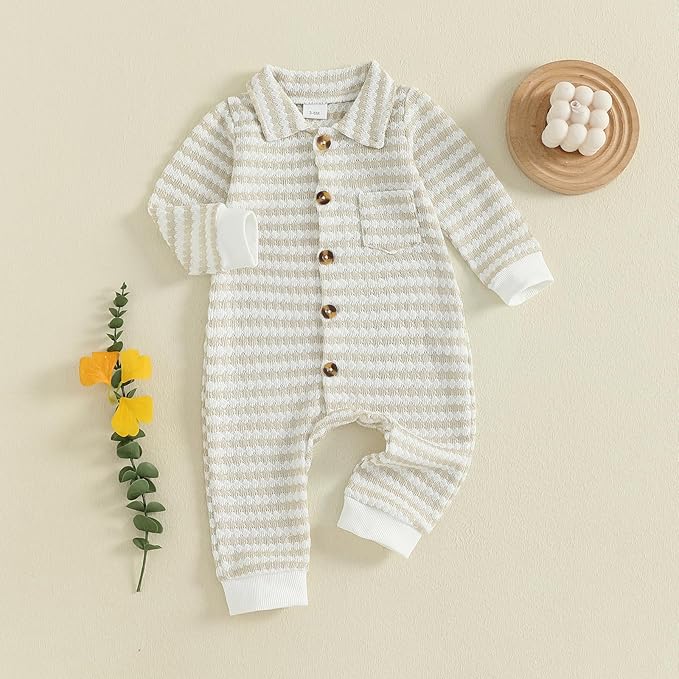 Thorn Tree Baby Boys Clothes Infant Knit Romper Long Sleeve Newborn Outfits Button Closure Onesie Turn Down Collar Jumpsuit