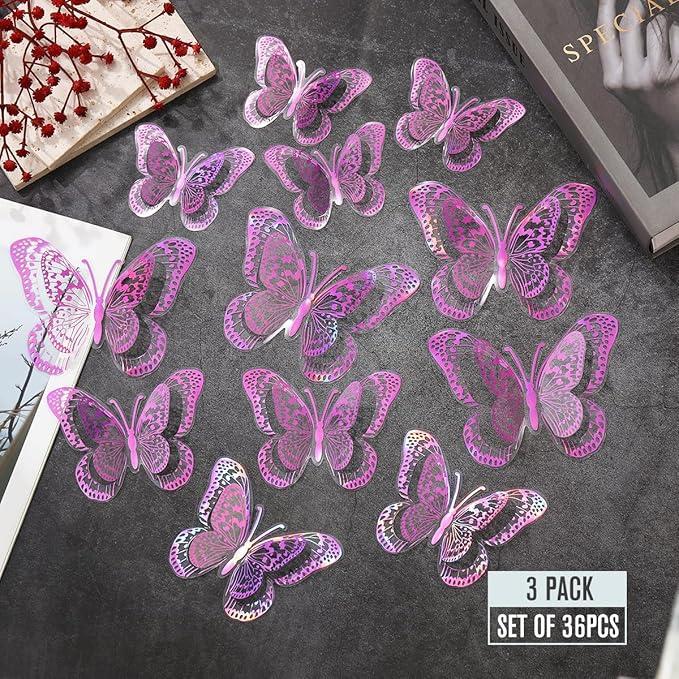 36PCS Butterfly Wall Decals - Purple Butterflys Stickers Mural Wall Decor Home Decor Kids Room Bedroom Decor Living Room Decor, Removable Reusable Stickers
