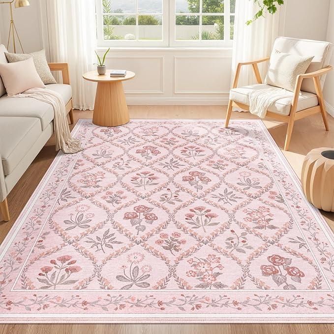 Washable Rug 6x9, Boho Pink Rugs for Bedroom Girls, Cute Pastel Floral Rug for Living Room, Non Slip Low-Pile Nursery Carpet for Kids Room Playroom Dorm, Pink Multi